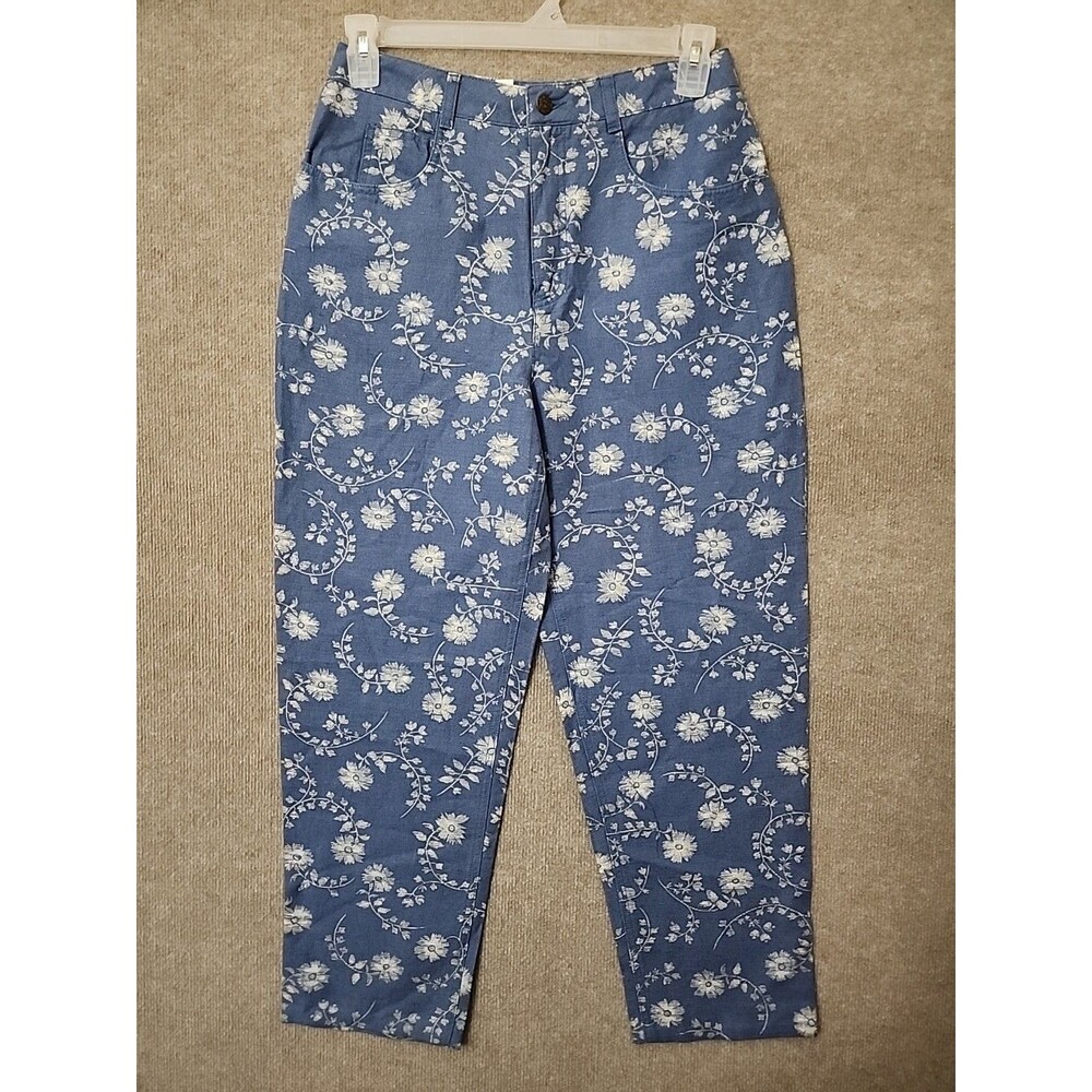 Talbots Irish Linen Blend Ankle Pants Womens 10 Blue Floral Beach Vacation